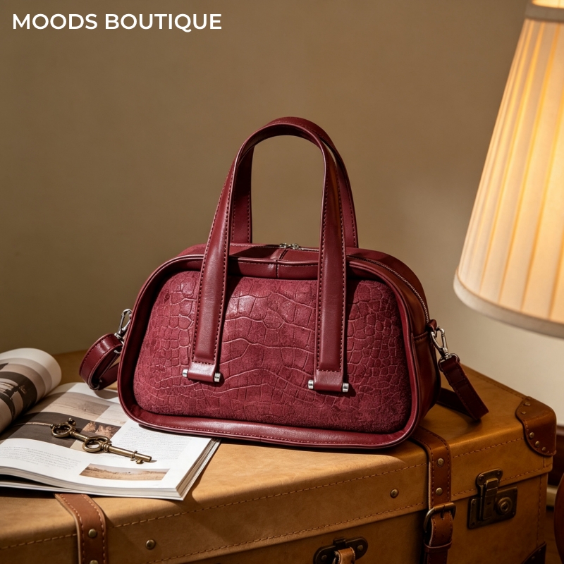 Interior Design Texture - Retro-Krokodil-Texturierte Mini-Boston-Handtaschen für Damen, Doppelriemen, Pendler-Schulter-Umhängetasche