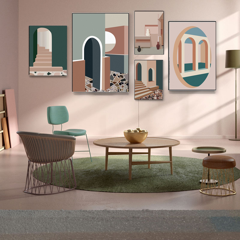 Interior Design Build - Retro Morandi Gebäude Leinwand Kunst Anime